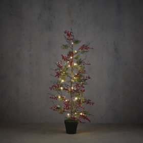Imagine Brad de Craciun decorativ cu LED-uri calde si fructe de padure, 120cm, ghiveci inclus