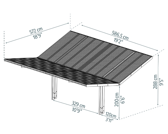 Imagine CANOPIA Sydney 6x6m Carport auto Dublu Cu Aripi - Cadru din Aluminiu Negru, Panouri de Acoperiș din Policabronat Gri Solar