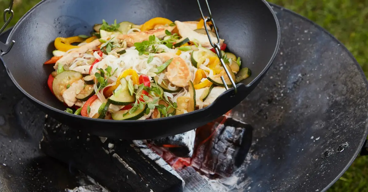 Wok de pui cu noodles si legume la gratar